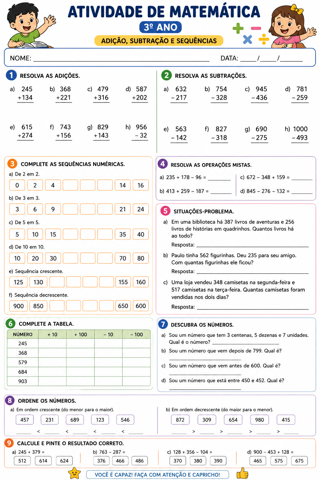 Atividade de adição e subtração 2º ano