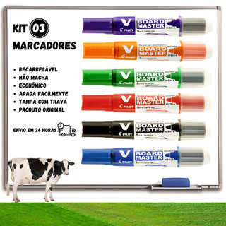 kit com 3 marcadores recarregáveis Pilot V-Board Master para quadro branco